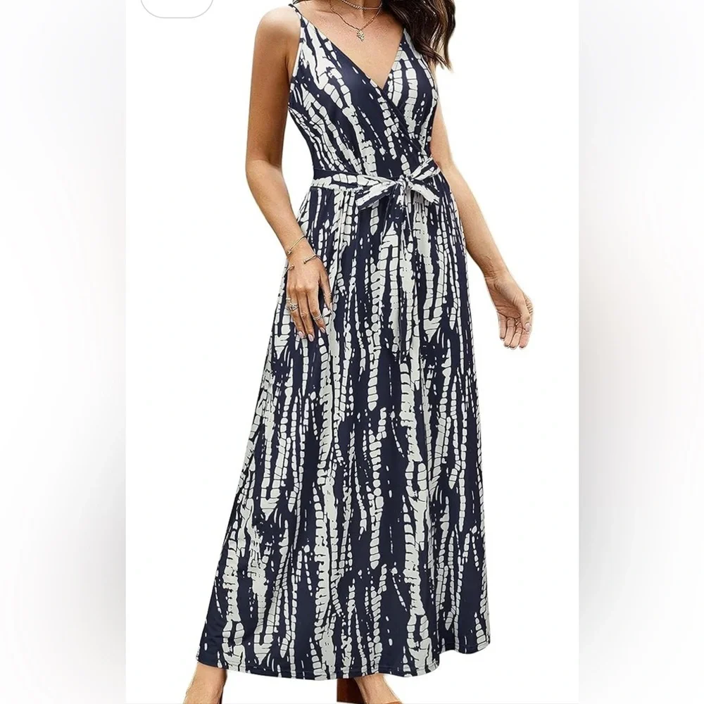 OUGES Women Summer Maxi Dress V NeckStraps  with Pockets Small - Picture 3 of 6